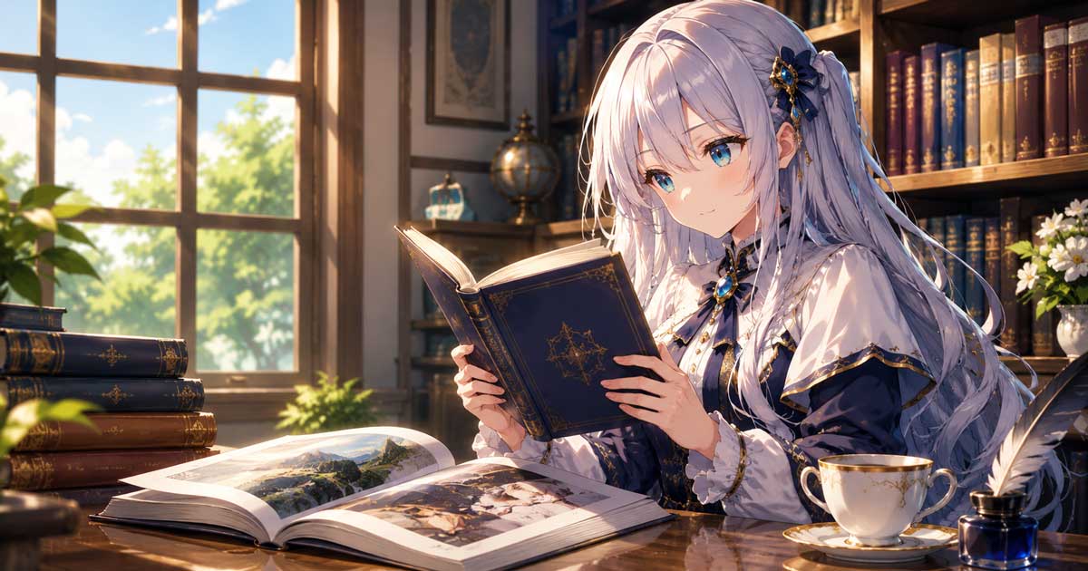 Anime-style illustration of a young woman reading a light novel in a library surrounded by books.