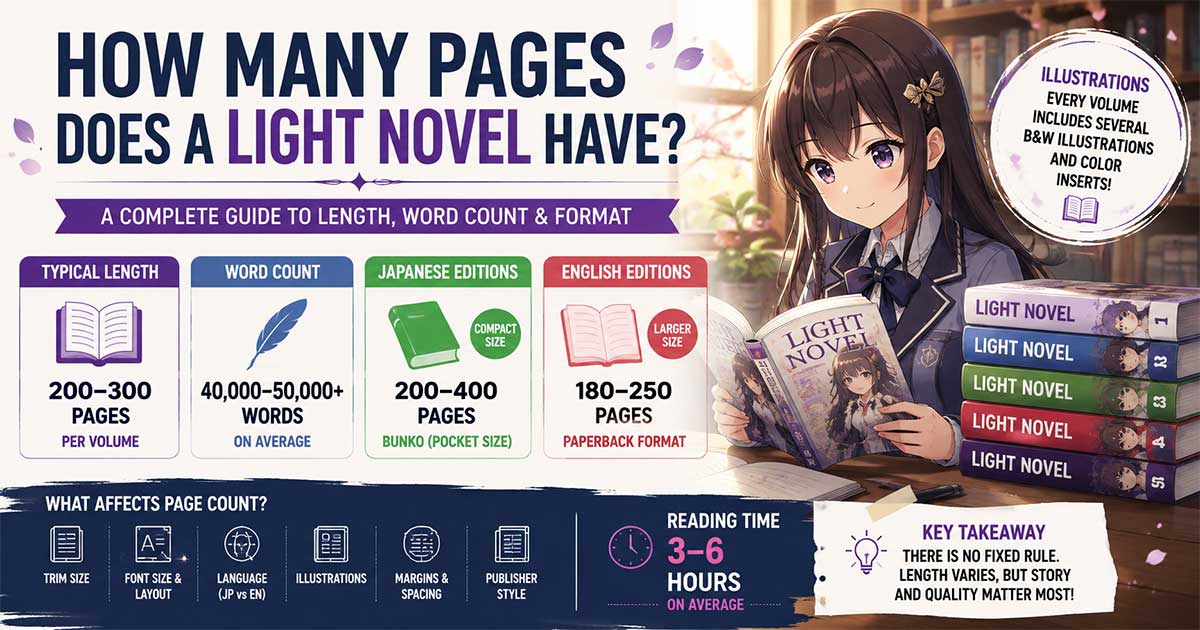 Anime-style Light Novel infographic showing typical page count, word count, Japanese and English formats, illustrations, and average reading time.