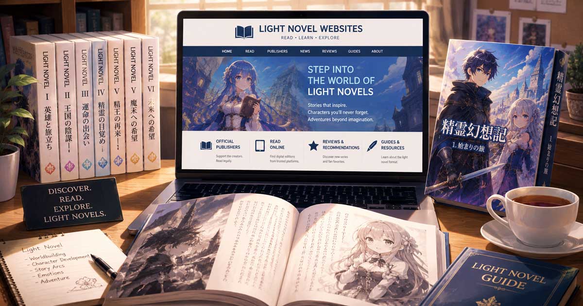 Laptop displaying a light novel website beside illustrated light novels and an open book, representing online resources for light novel readers.