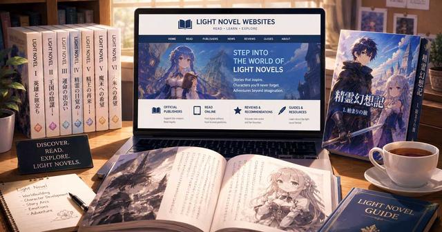 Laptop displaying a light novel website beside illustrated light novels and an open book, representing online resources for light novel readers.