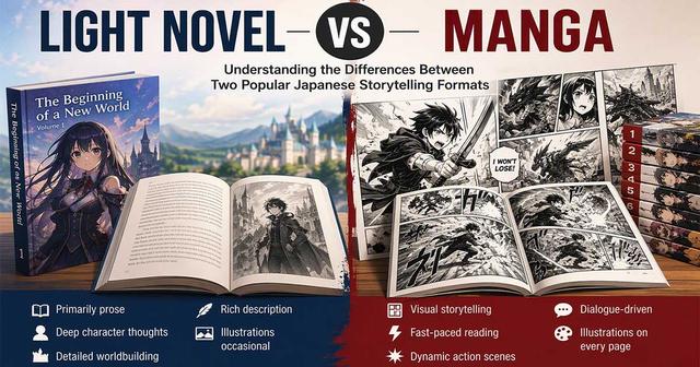 Light Novel comparison illustration showing a Japanese light novel book with limited illustrations beside a manga volume filled with action panels. The image highlights the key differences between Light Novels and manga, including prose storytelling, character development, worldbuilding, visual storytelling, and dynamic artwork.
