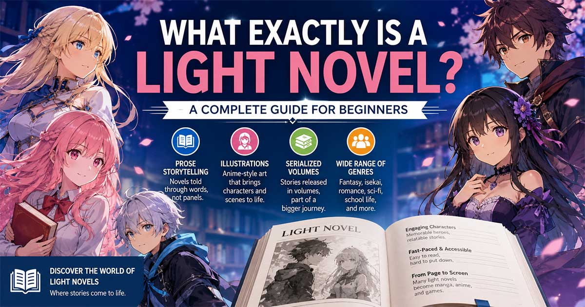 Anime-style characters surrounding an open illustrated book, highlighting Light Novel storytelling, artwork, serialized volumes, and popular genres.