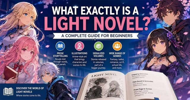 Anime-style characters surrounding an open illustrated book, highlighting Light Novel storytelling, artwork, serialized volumes, and popular genres.