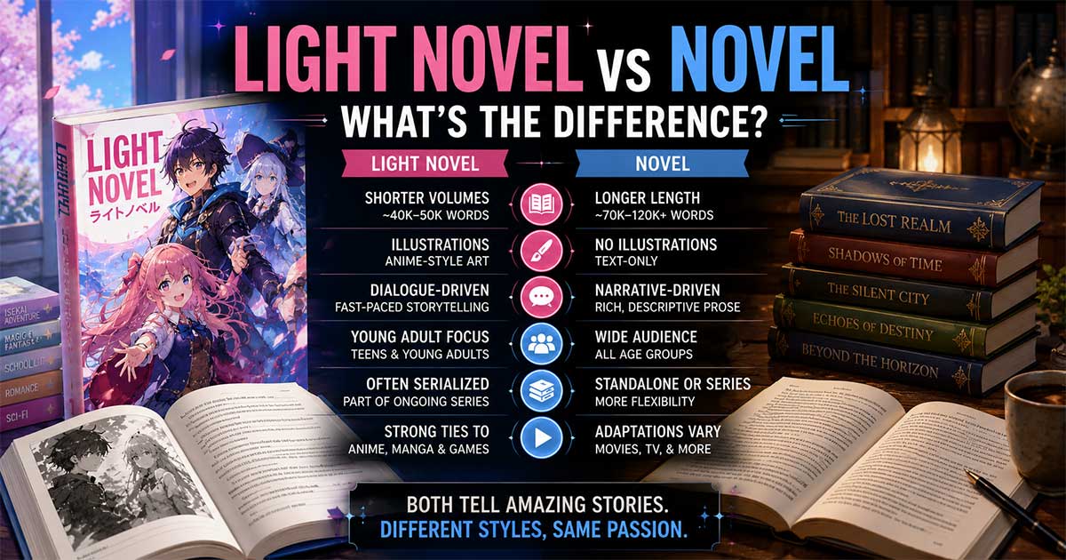 Light Novel vs novel comparison showing an illustrated anime-style book beside traditional novels, highlighting differences in length, art, audience, and storytelling.