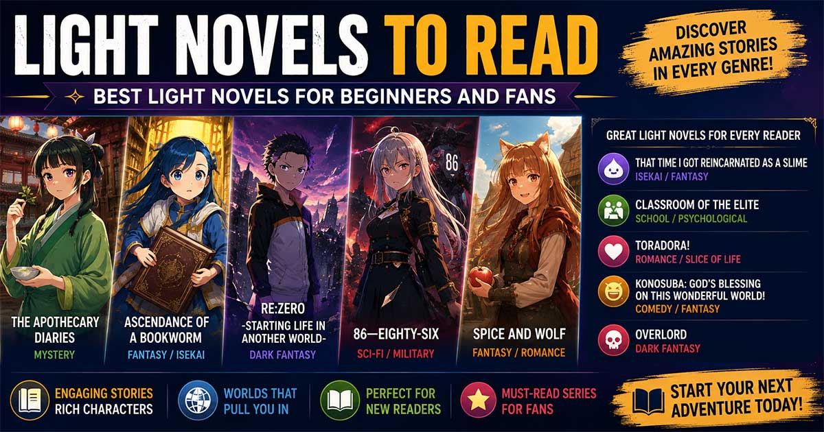 Light Novel recommendations infographic featuring popular fantasy, isekai, mystery, romance, sci-fi, and comedy series for beginners and experienced fans.