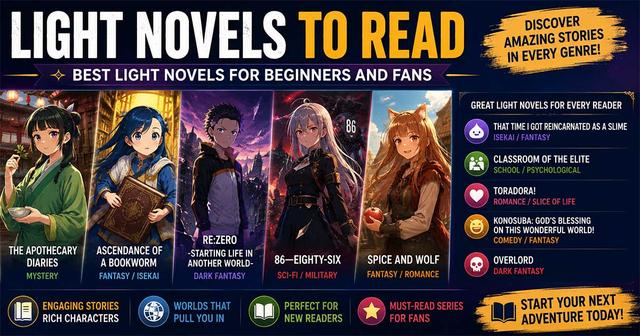 Light Novel recommendations infographic featuring popular fantasy, isekai, mystery, romance, sci-fi, and comedy series for beginners and experienced fans.