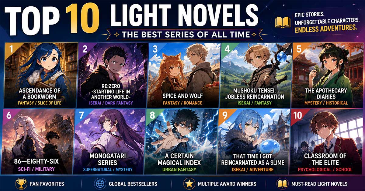 Top 10 Light Novel infographic featuring acclaimed fantasy, isekai, mystery, sci-fi, romance, supernatural, and psychological series with illustrated characters.