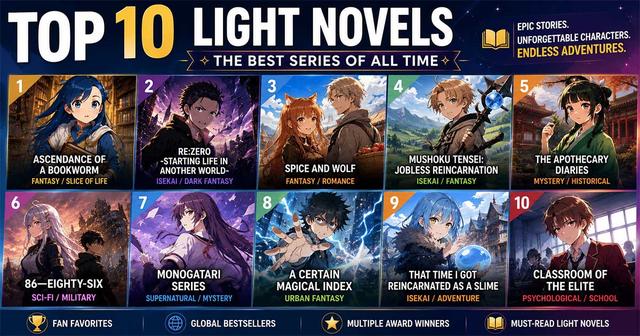 Top 10 Light Novel infographic featuring acclaimed fantasy, isekai, mystery, sci-fi, romance, supernatural, and psychological series with illustrated characters.