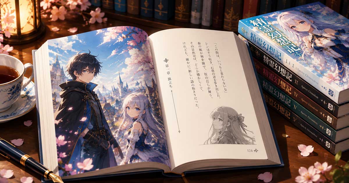 Open light novel featuring anime-style illustrations alongside prose, representing the Japanese light novel storytelling format.
